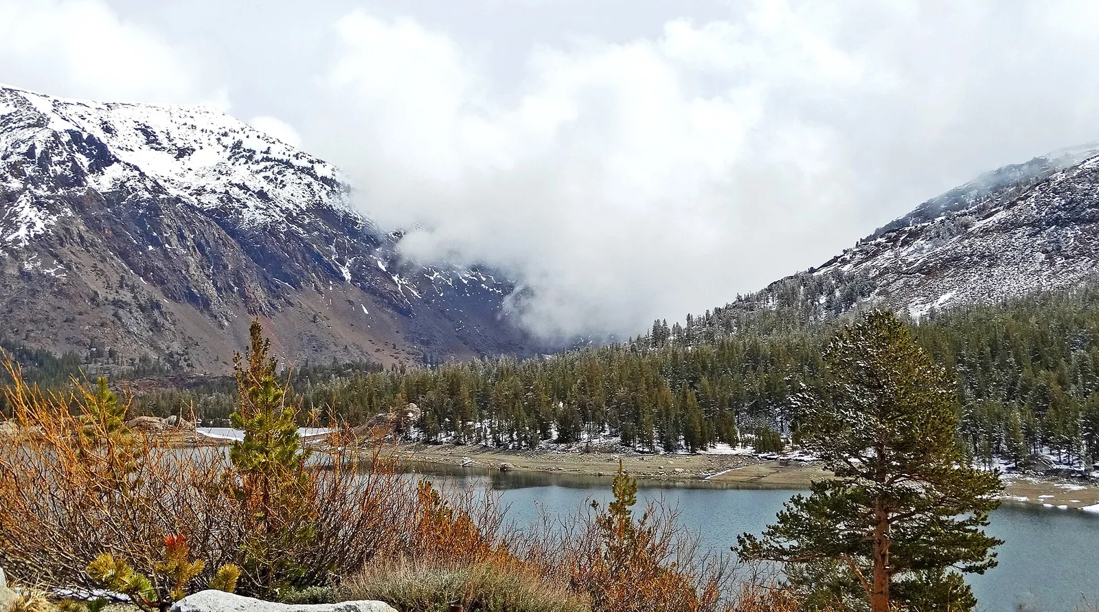 Low clouds hang above Silver Lake on the June Lake Loop.